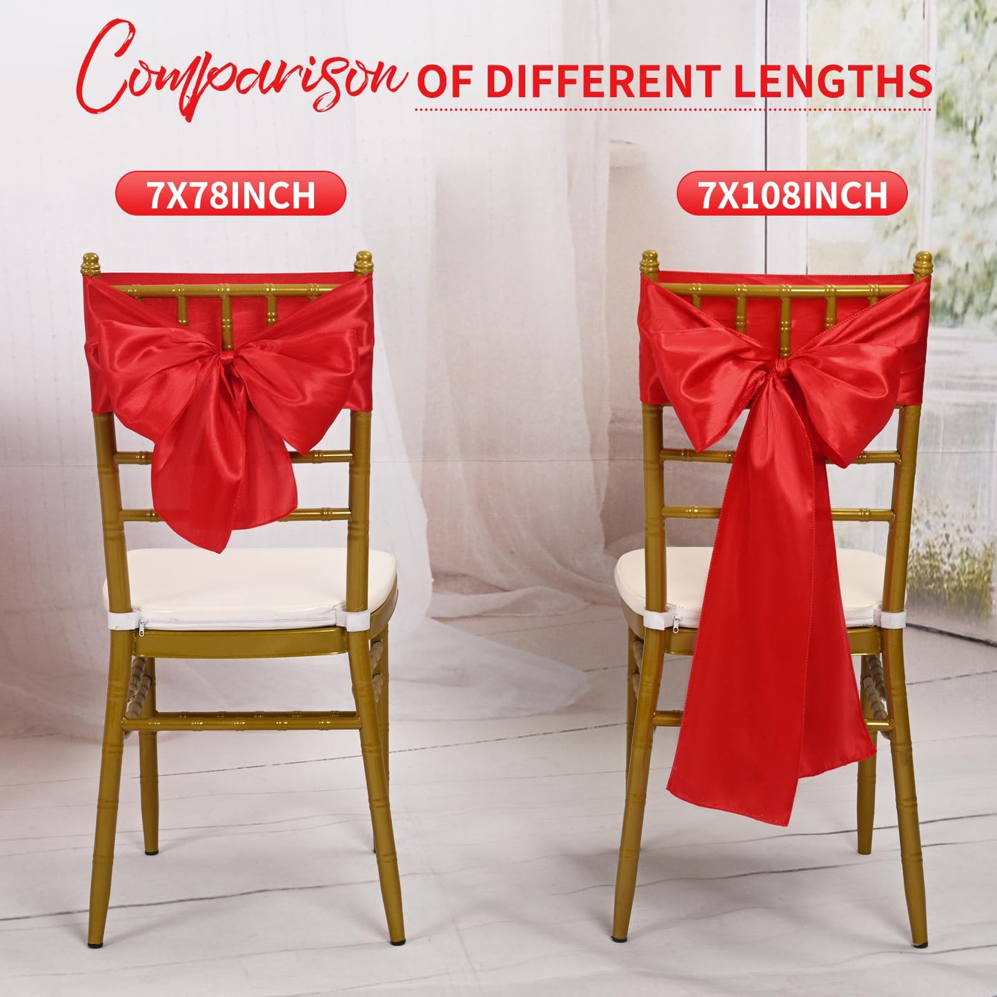 LOKUME 100 PCS Satin Chair Sashes Bows, Red Ribbon Ties Back Sash for Wedding Birthday Banquet Party Hotel Event Cover Decoration (7 x 78 Inch)