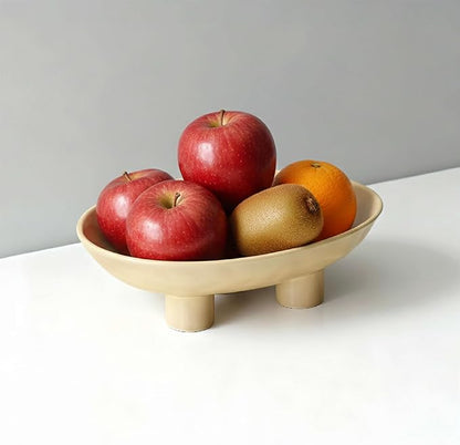 Three-Leg Ceramic Fruit Bowl, 10 Inch Oval Serving Dish for Kitchen Counter, Candy or Key Holder, Home Decor Accent Beige