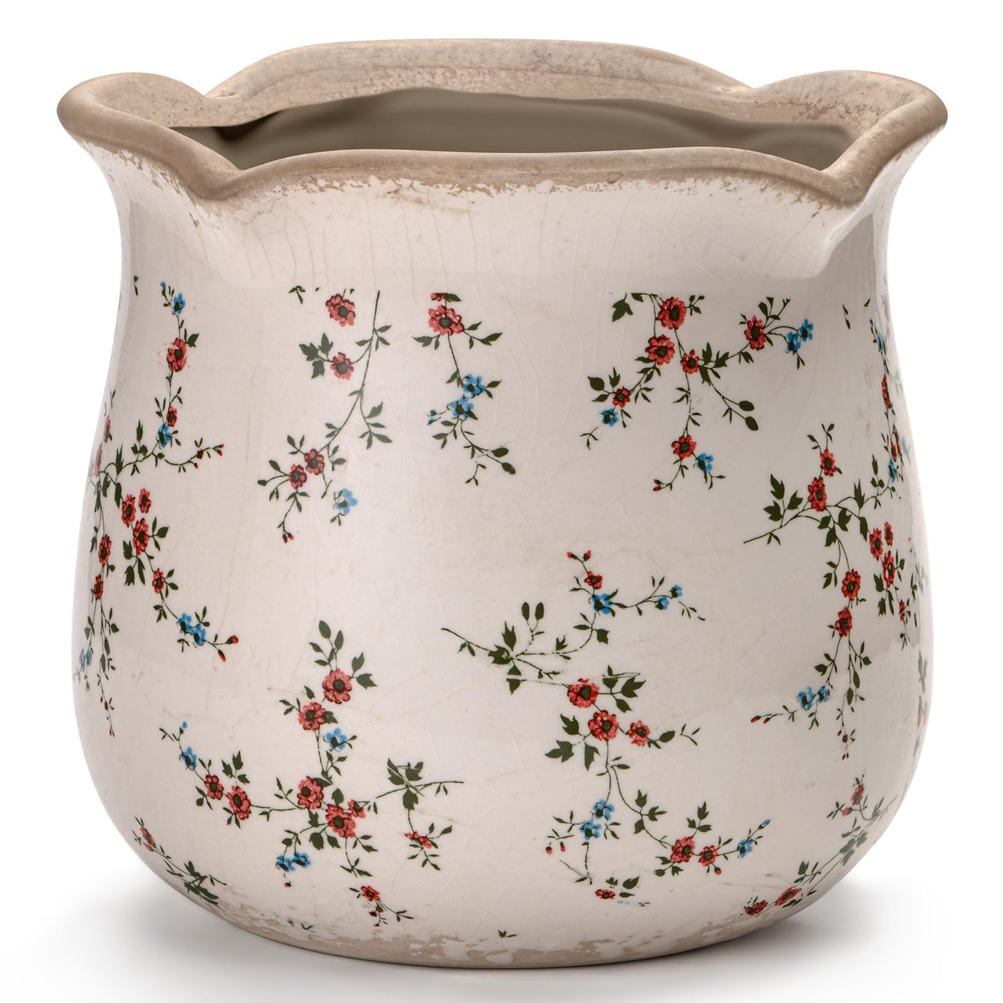 behen bahen Vintage Ceramic Planter Pot with Drainage Holes, Green Floral Design, 6.11 Inch, Distressed Tuscan Style, Indoor Plant Pot and Vase (Small Red Blooms)