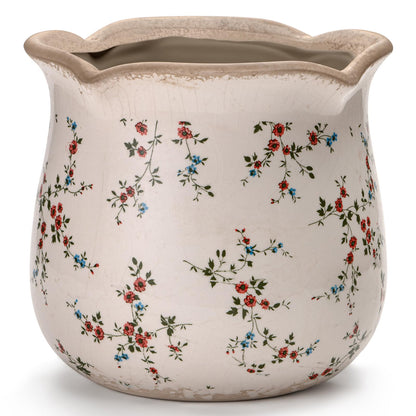 behen bahen Vintage Ceramic Planter Pot with Drainage Holes, Green Floral Design, 6.11 Inch, Distressed Tuscan Style, Indoor Plant Pot and Vase (Small Red Blooms)