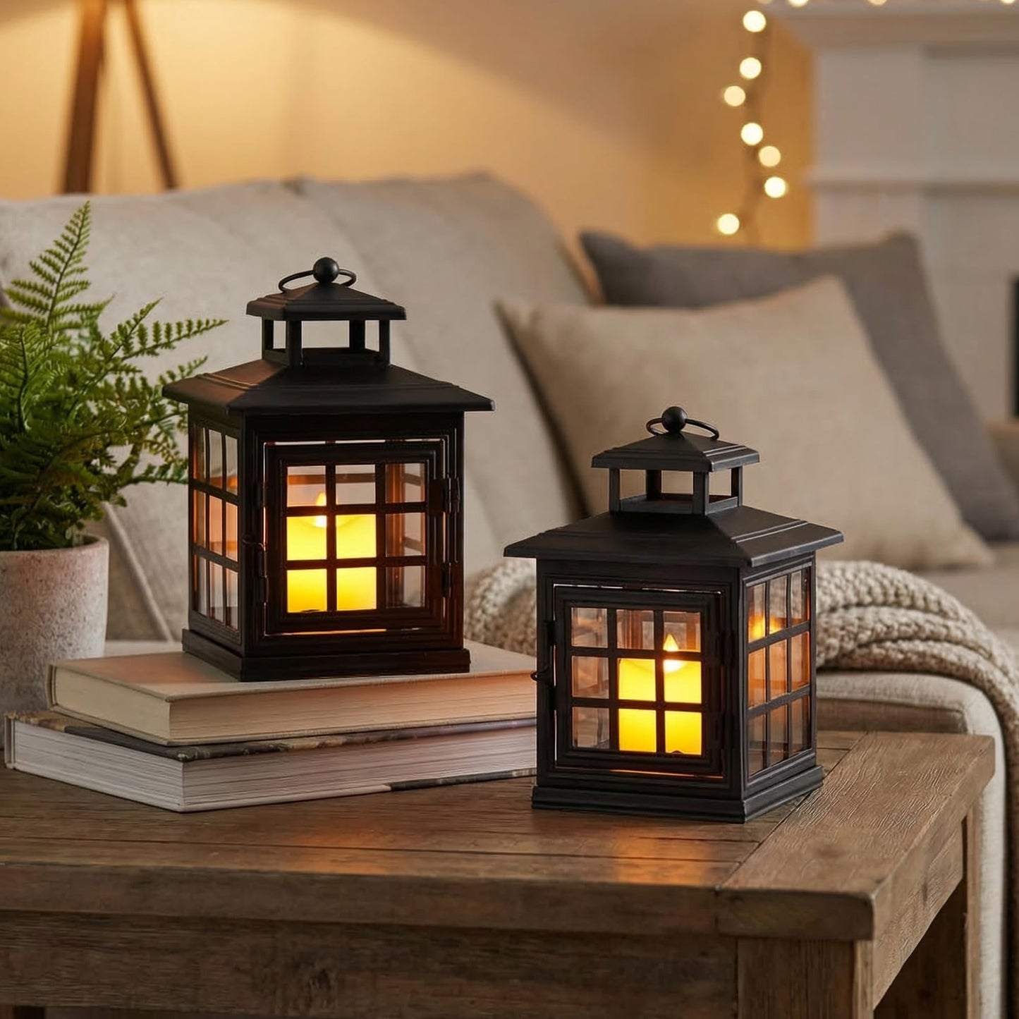 TRIROCKS Set of 2 Decorative Candle Lantern Metal Candle Holder Hanging Lantern Perfect for Home Decor Halloween Living Room Parties Events Tabletop Indoors Outdoors (Black)