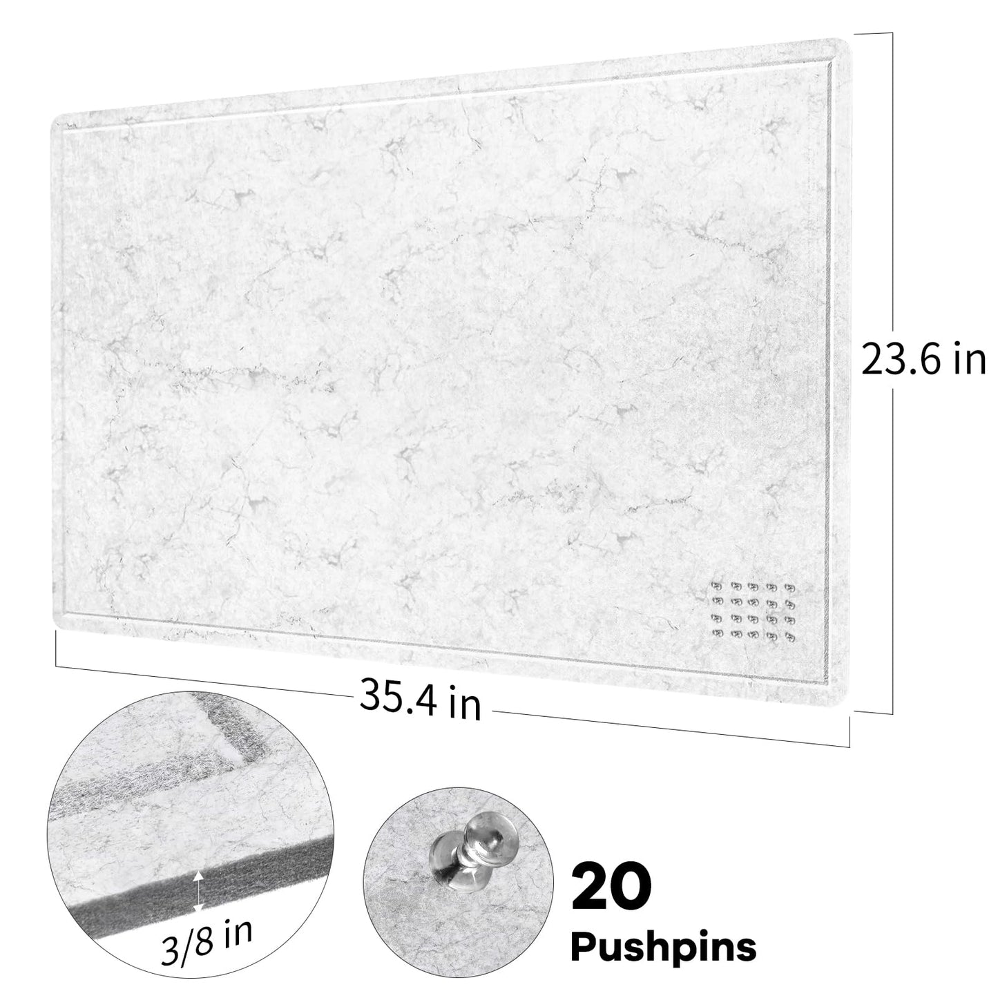 Lightomorrow Bulletin Board, 36 x 24 inches Felt Board - Decorative Pin Board, Cork Board Alternative for Wall, 3' x 2' Foldable Self-Adhesive Vision Board with 20 Pushpins - Marble White