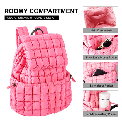 XSUIOY Quilted Backpack Purse for Women Small Lightweight Puffer Puffy College Laptop Backpack Nylon Casual Bookbag Daypack Top Flap Drawstring Padding Hiker Travel Gym Backpack(Pink)