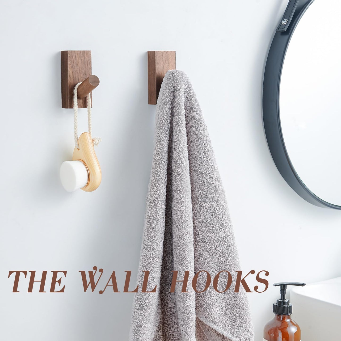 Felidio Natural Wooden Wall Hooks, Adhesive & Screw Mount Coat and Towel Hooks - Decorative Key Holder, Hat Rack, Stocking Wall Hangers for Bathroom Entryway Closet - 4 Pack, Walnut Wood