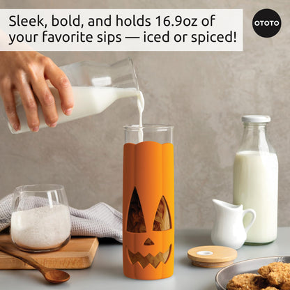 OTOTO NEW Jack-o-Cup Glass Cups with Lid and Straws - Glass Coffee Tumbler with Straws, Halloween, Goth, Witchy Gifts, Iced Coffee Cups, Glass tumbler with Bamboo Lid, 16.9oz