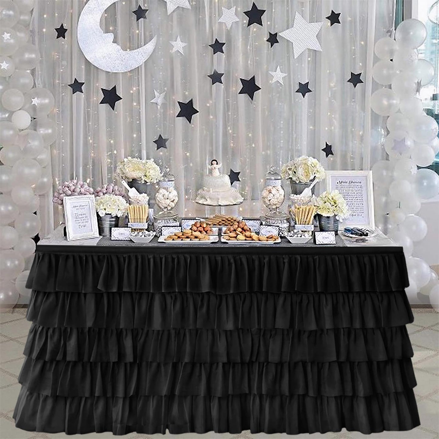 Pufogu Black Tulle Table Skirt 9ft Tutu Ruffled Chiffon Tablecloth For Rectangle Wedding Baby Shower Girls Birthday Party and Cake Dessert Table Decorations(Black, L9(ft), H30in)
