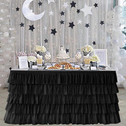 Pufogu Black Tulle Table Skirt 9ft Tutu Ruffled Chiffon Tablecloth For Rectangle Wedding Baby Shower Girls Birthday Party and Cake Dessert Table Decorations(Black, L9(ft), H30in)