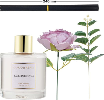 Cocorrína Flower Reed Diffuser - Lavender Thyme 6.7oz Scented Diffuser with Sticks Home Fragrance Essential Oil for Bathroom Shelf Decor (Artificial Flower)