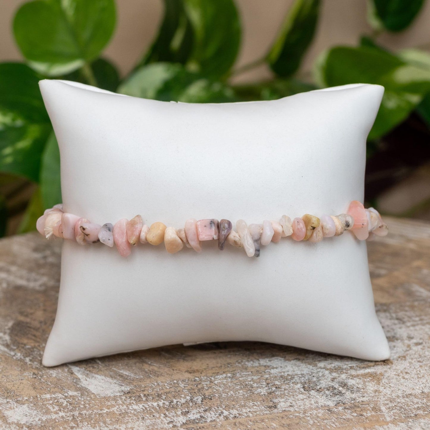 Down To Earth Pink Opal Natural Gemstone Bracelets, Chakra Crystal Healing Chip Stretch Bracelets, Gemstone Polished Irregular Crystals, Crystal Irregular Chips Beads Stretch Bracelets (Pink Opal)