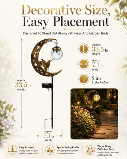 MJTLCZF Hummingbird Moon Solar Garden Stake Light,Half and Half Moon Ball LED Pathway Decor Crackle Hanging Glass Globe Ball Metal Crescent for Outside Yard Patio Lawn Pathway Outdoor Decor(2PCS)