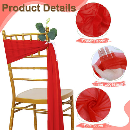 FUHSY Wedding Chair Sashes Upgraded 24 Pack 8FT Long Red Sashes for Chair Covers Aisle Decorations for Wedding Ceremony Sheer Chiffon Chairs Bows for Party Event Banquet Prom Decor