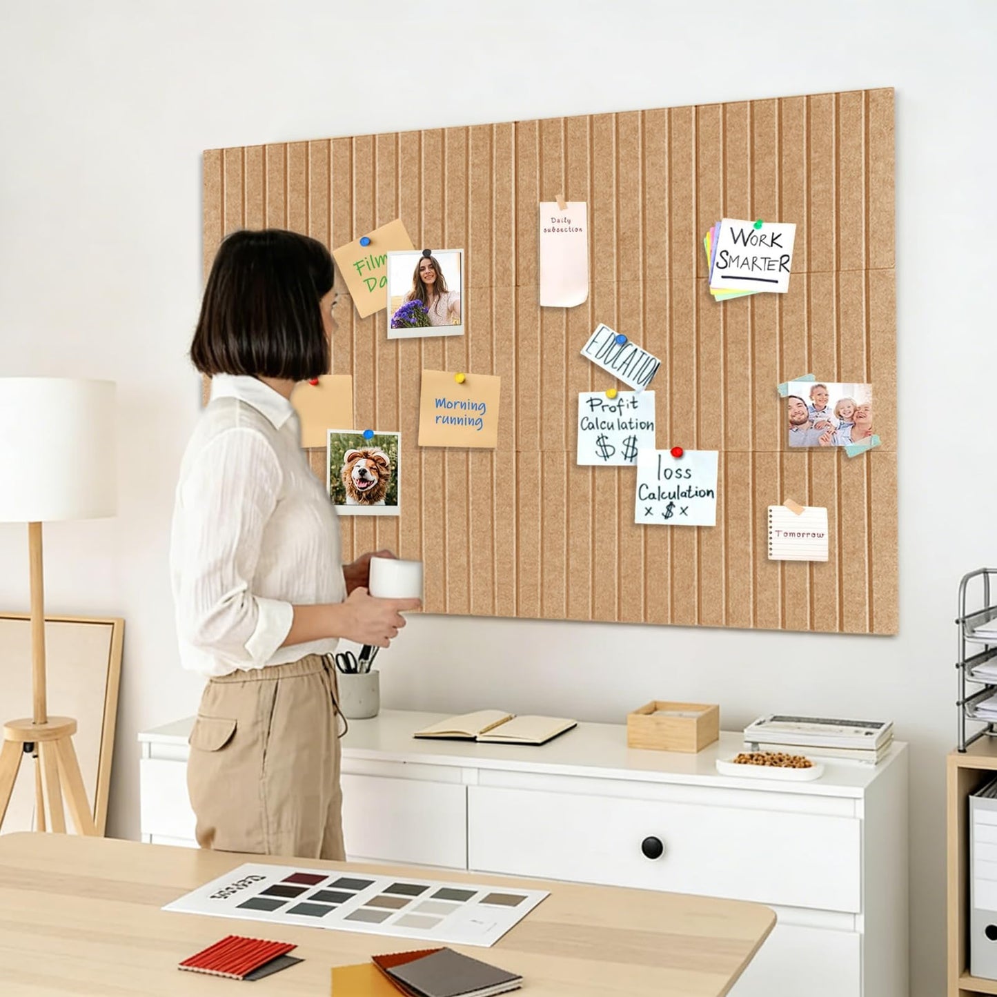 15 Pack Felt Bulletin Board, 35" x 59" Large Camel Pinboard with 30 Push Pins, Felt Pin Board, Self-Adhesive Cork Board Tiles for Home, Office Walls, School Classroom Message Photos Display