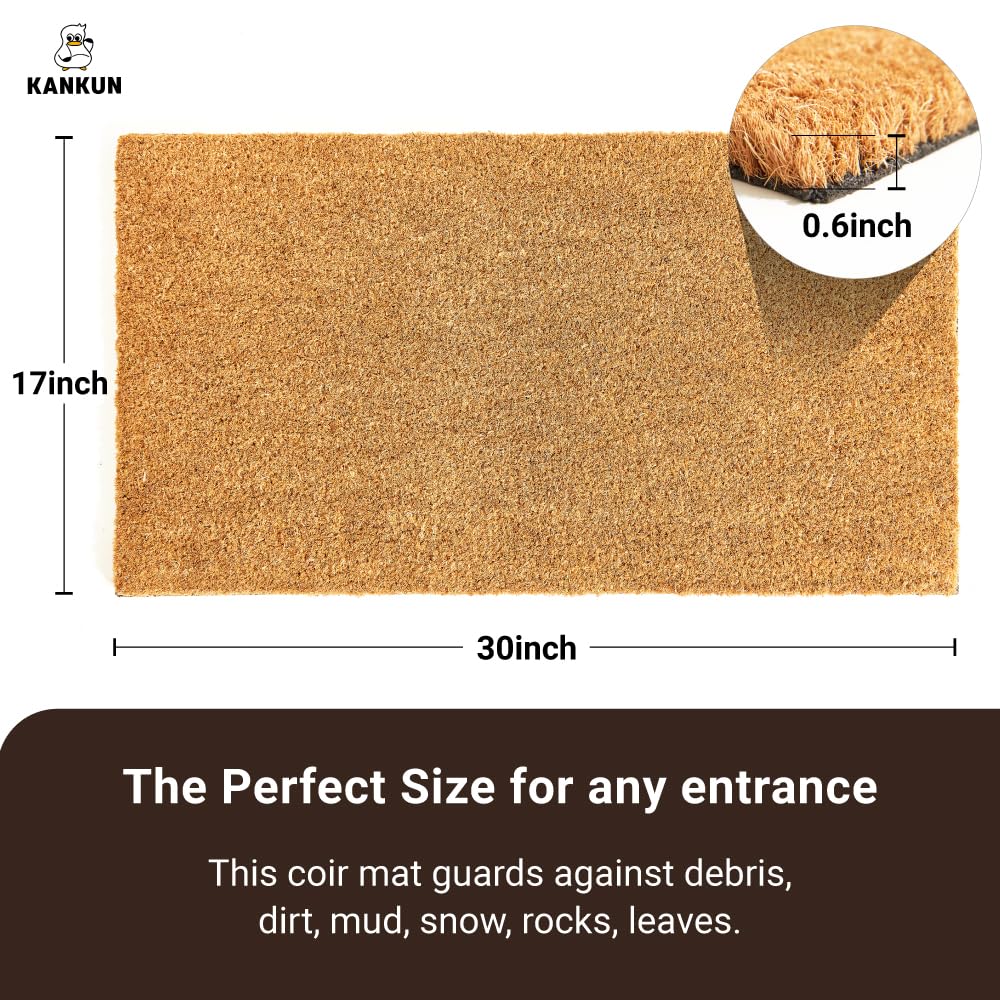 KANKUN Coco Coir Door Mat with Heavy Duty Backing, Welcome Doormat (17" x 30"), Doormat Entrance (Plain - 1Pack)