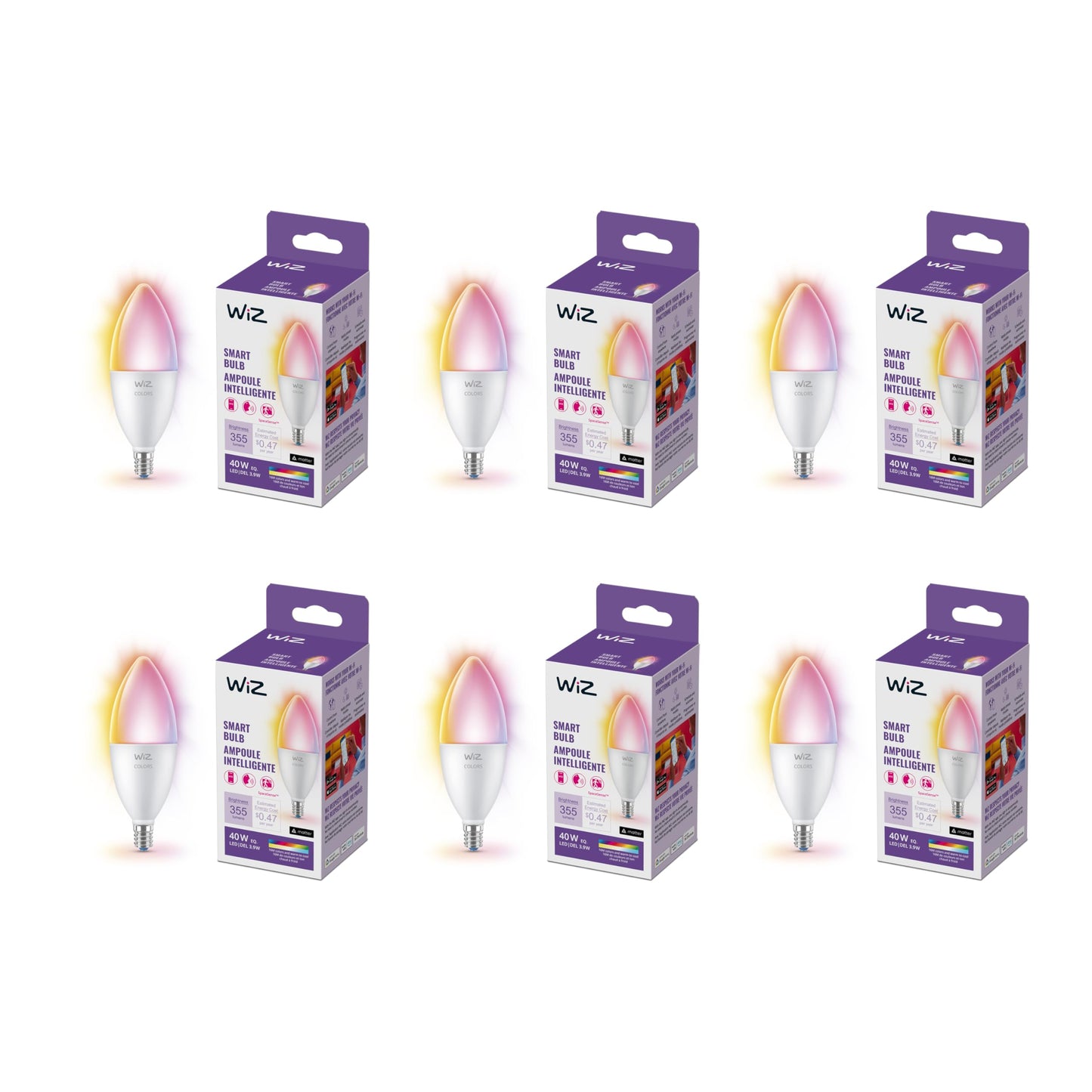 WiZ Connected 40W B12 LED Smart Light Bulbs - 3 Pack - Connects to Your Wi-Fi - E12 Smart Bulb - Control with Voice or App + Activate with Motion - Matter Compatible