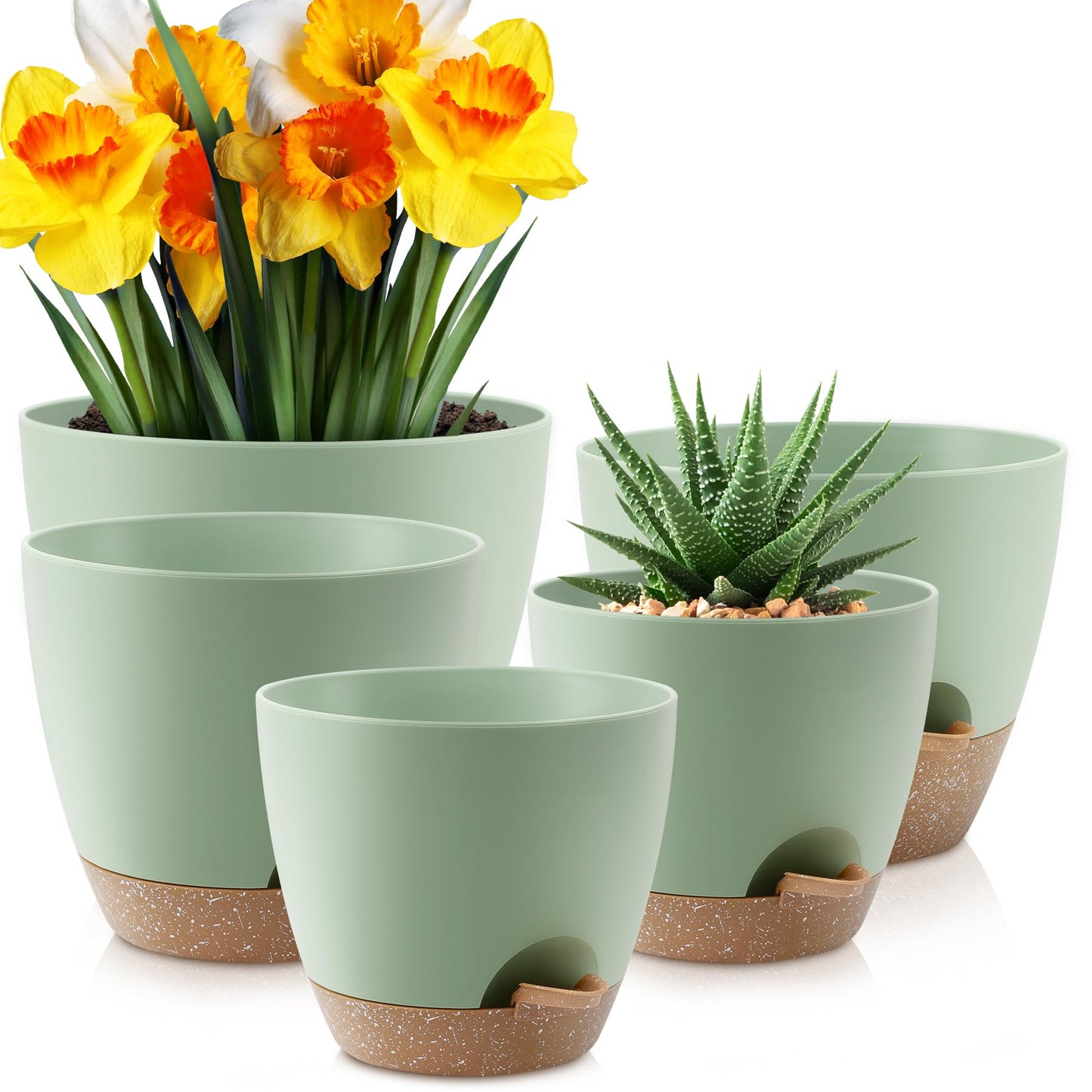YNNICO Plant Pots 10/9/8/7.5/7 inch, Self Watering Planters with Drainage Holes & Saucers for Indoor and Outdoor Plants (Green)