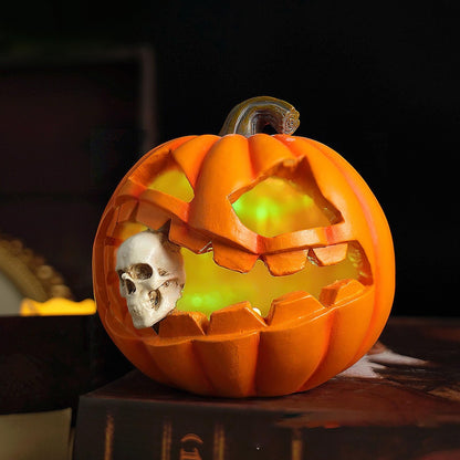 Resin Thanksgiving Day Pumpkin Lantern Skull Figurines with LED Lights, Spooky Jack O' Lantern Statue for Indoor & Outdoor Halloween Decor, Table Centerpiece for Living Room, Bedroom, Party, Yard