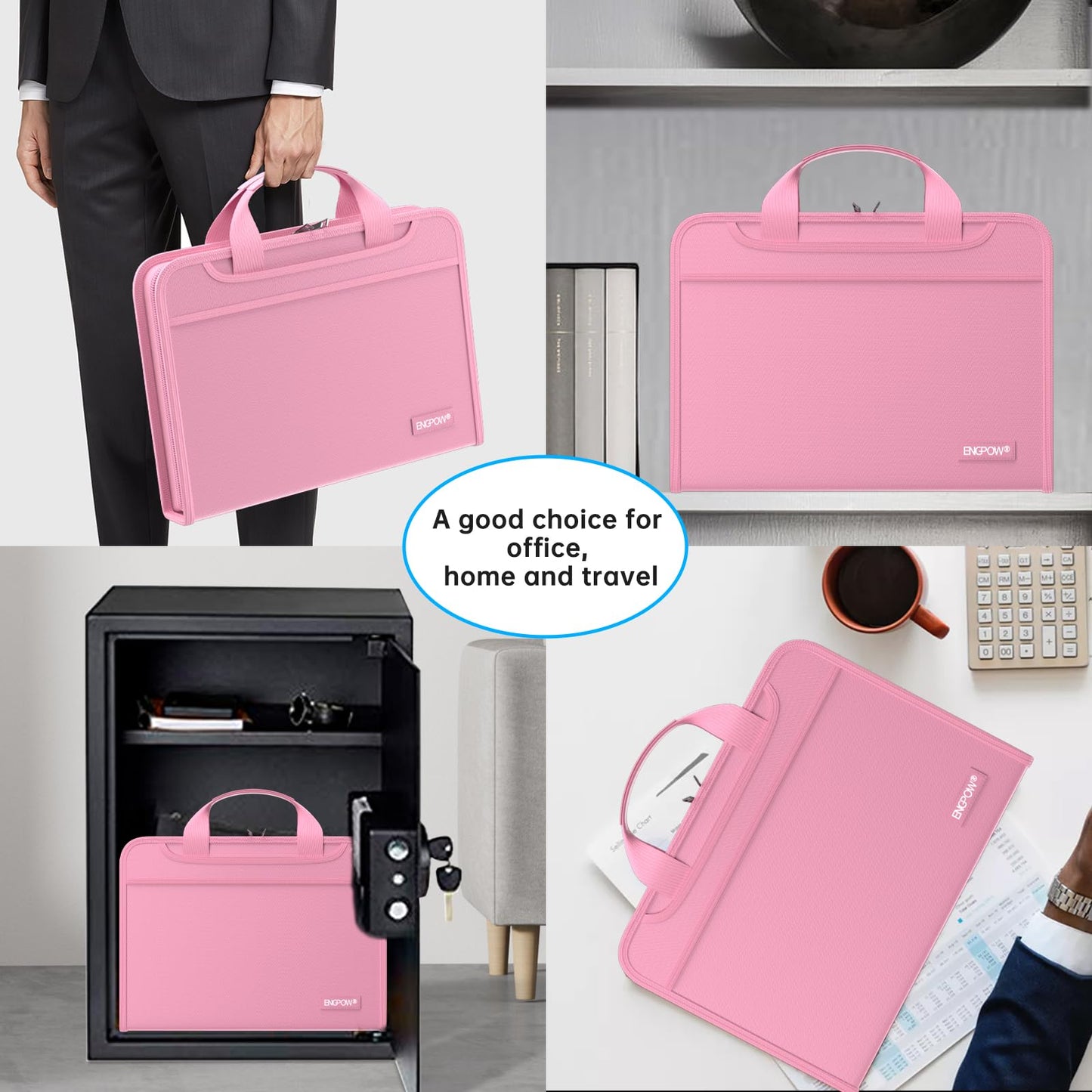ENGPOW Accordion File Organizer,Fireproof Expanding File Folder with Multi Pockets,13 Pockets Document Organizer with Handle & Labels,Portable Home Travel Safe Storage Folder for Letter A4 Files,Pink