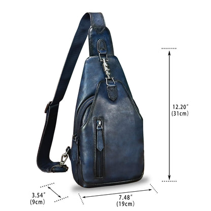 LRTO Genuine Leather Sling Bag for Men and Women Real Leather Shoulder Crossbody Bag Chest Bag Sling Backpack Purse (Blue)