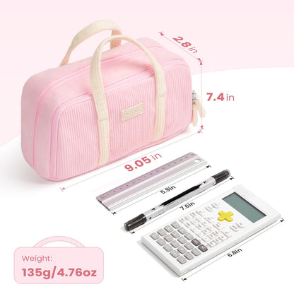 Sooez Large Pencil Case Pouch, Extra Big Pencil Bag with 5 Compartments, Pen Case Wide Opening, Soft Corduroy Pen Bag Organizer with Zipper, Cute Aesthetic School Supplies for Teen Girls, Pink