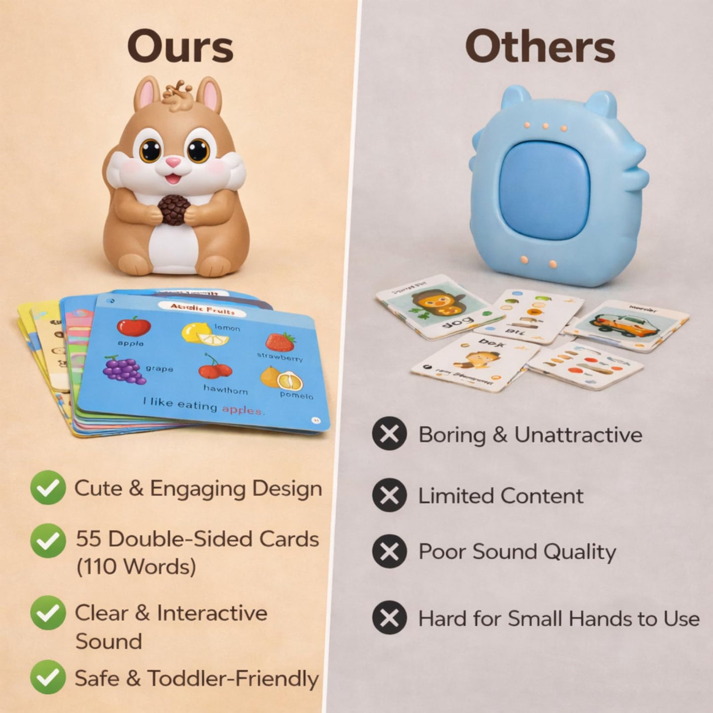 Little Squirrel Talking Pen with 55 Double-Sided Talking Flash Cards, Interactive Learning Toy for Kid, 1000+ Words, Phonics, Recording & Playback Function, Screen-Free Educational Toy for Toddlers