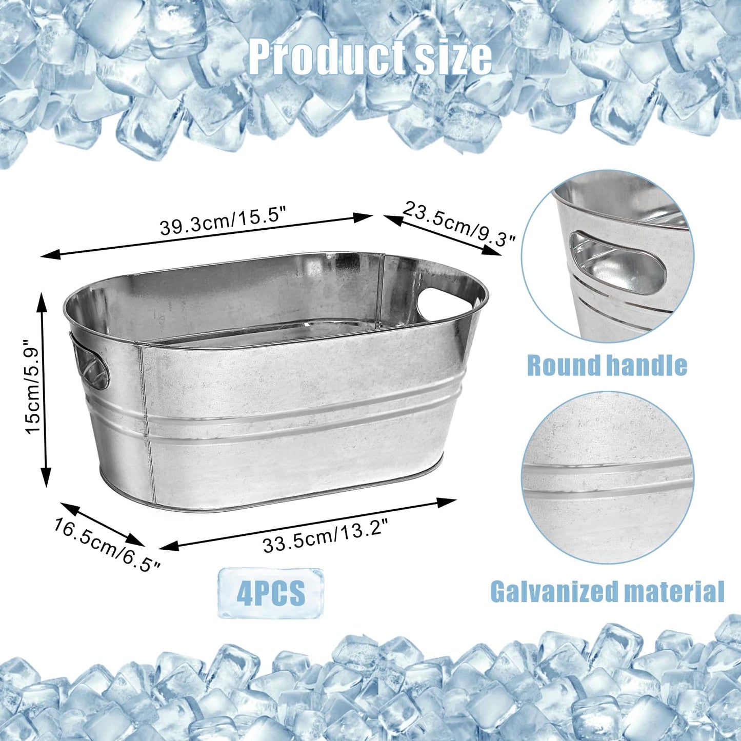 4 Pack Galvanized Tub Ice Bucket, 3 Gallon Large Metal Drink Buckets for Parties & Bars, Beer Beverage Tub with Carry Handles for Champagne, Cocktails, Wine Cooling, Mimosa Supplies