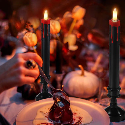 Sratte 6 Sets Halloween Blood Dripping Candle Decoration Led Flameless Candle with Candlestick Holder and Remote Battery Operate Vampire Tears Scary Creepy Decor for Indoor Home(Black Holder)