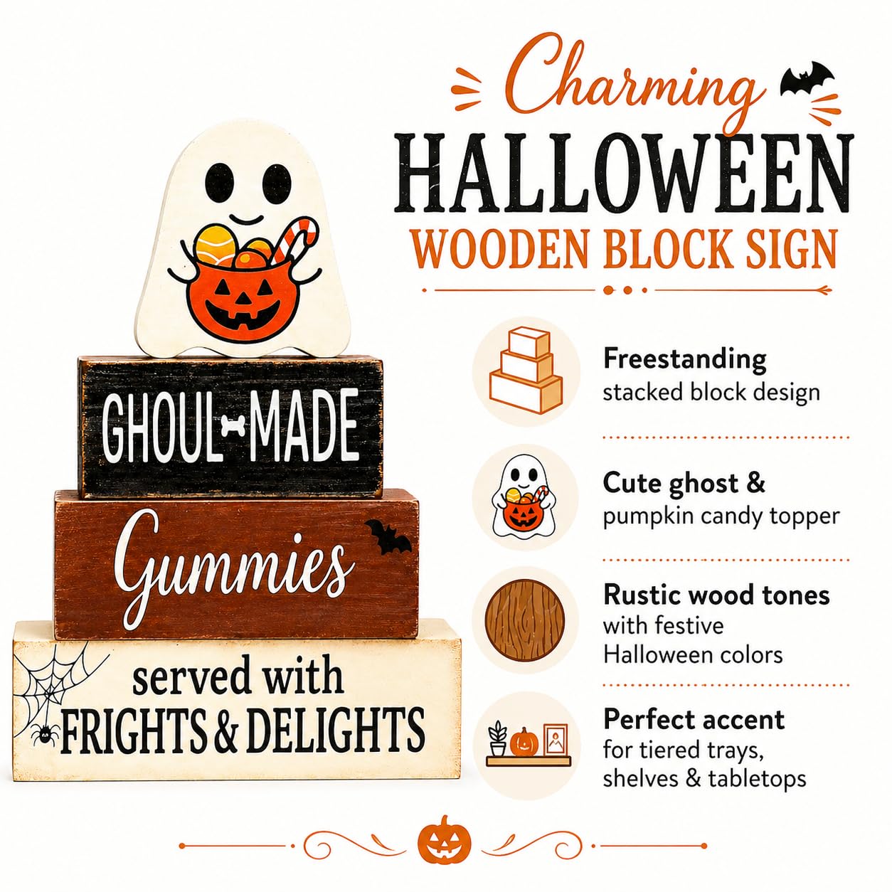 Halloween Tiered Tray Decor, Halloween Wood Block Signs with Cute Ghost and Candy Bucket, Rustic Farmhouse Halloween Decor Indoor, Halloween Tabletop Decorations for Shelf Mantel Coffee Entryway