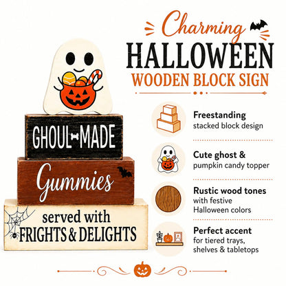 Halloween Tiered Tray Decor, Halloween Wood Block Signs with Cute Ghost and Candy Bucket, Rustic Farmhouse Halloween Decor Indoor, Halloween Tabletop Decorations for Shelf Mantel Coffee Entryway