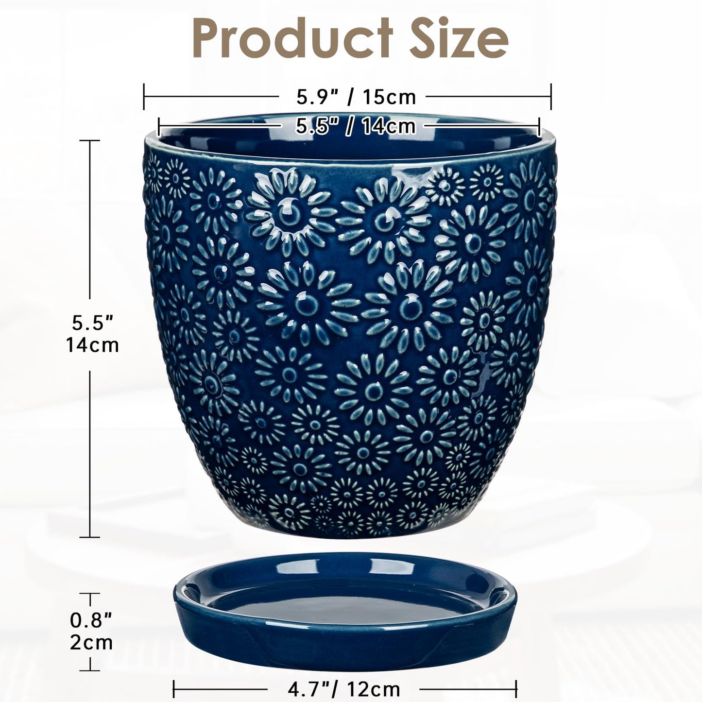 Hollyone 6 Inch Blue Ceramic Planter Flower Plant Pot with Drainage Hole and Saucer for Plants Embossed Indoor Outdoor Garden Embossed Ceramic Glazed Round Pot for Succulent Orchid Sunshine Pattern