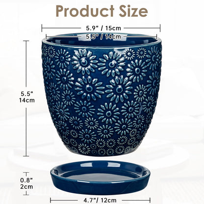 Hollyone 6 Inch Blue Ceramic Planter Flower Plant Pot with Drainage Hole and Saucer for Plants Embossed Indoor Outdoor Garden Embossed Ceramic Glazed Round Pot for Succulent Orchid Sunshine Pattern