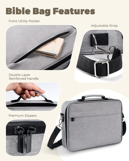 WEMATE Large Capacity Bible Cover Case, Waterproof Study Supplies Tote Bag with Double-Layer Handle & Shoulder Strap, Bag for Women and Christian (Grey)