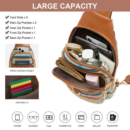 cakang 7L Straw Crossbody Bags for Women - Fashion Sling Chest Bag with Rainbow Woven Design, Lightweight Fanny Pack Travel Leather Shoulder Bag (Brown)