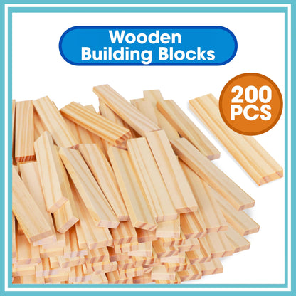 Play Build Wooden Building Blocks Set - 200-Piece Plank Block Construction Toys, STEM Educational Wood Toy for Kids and Toddlers