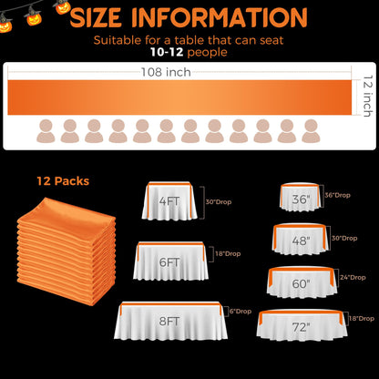 COSINIA 12 Pack Orange Satin Table Runner 12 x 108 Inch, Reusable Heavy-Duty Polyester Table Runner for Fall Harvest Festival, Halloween Party, Thanksgiving Dinner & Boho Decor