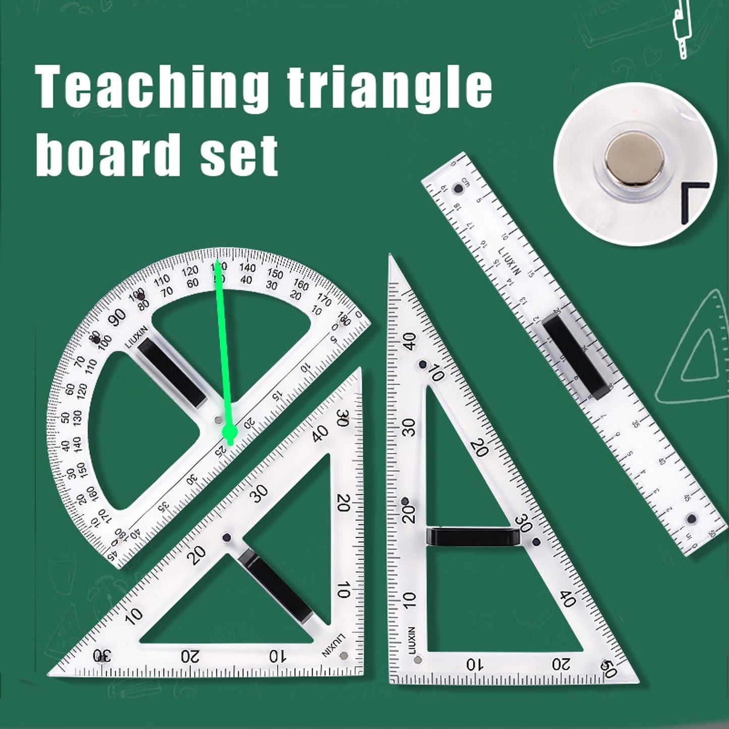 Magnetic Geometry Tool, Protractor, Triangle Rulers Easy Attachment Blackboard Measurement Kit, Teacher Board Protractor Multi-Purpose Kit Large (Transparent-4pc)
