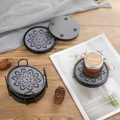 LiWiBet Elegant Black Wood Coasters with Gray Felt & Holder Non Stick, Absorbent Drink Coasters Set of 6 4.33in Rustic Wooden Coaster for Coffee Tabletop Protection Suitable for Kinds of Cups