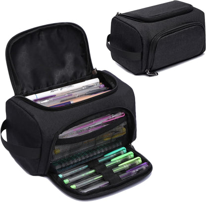 XQXA Large Capacity Pencil Case Organizer, Multifunctional Extra Big Pencil Pouch with Compartmens, Travel Simple Stationery Pen Bag, Fabric Pencil Bag for Men Women Girl Boy (Black)