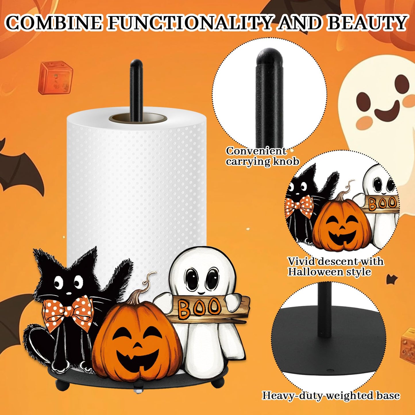 Whaline Halloween Paper Towel Holder Pumpkin Ghost Boo Cat Metal Towel Stand Trick or Treat Decoration Accessory for Holiday Party Home Kitchen Countertop