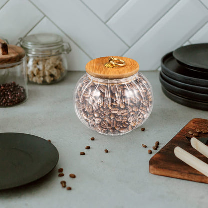 STOBAZA Xmas Glass Candy Jar with Lid 28Oz Pumpkin Shaped Food Storage Canister with Wood Lid, Glass Pumpkin Jar, Decorative Kitchen Storage for Christmas, Halloween