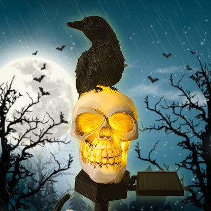 QH & Garden Halloween Outdoor Decoration Solar Lights, Waterproof Ghost Lights, Skull Solar Garden Statue with Black Crow on Skull, Skeleton Stakes with LED, Stunning Halloween Decorations