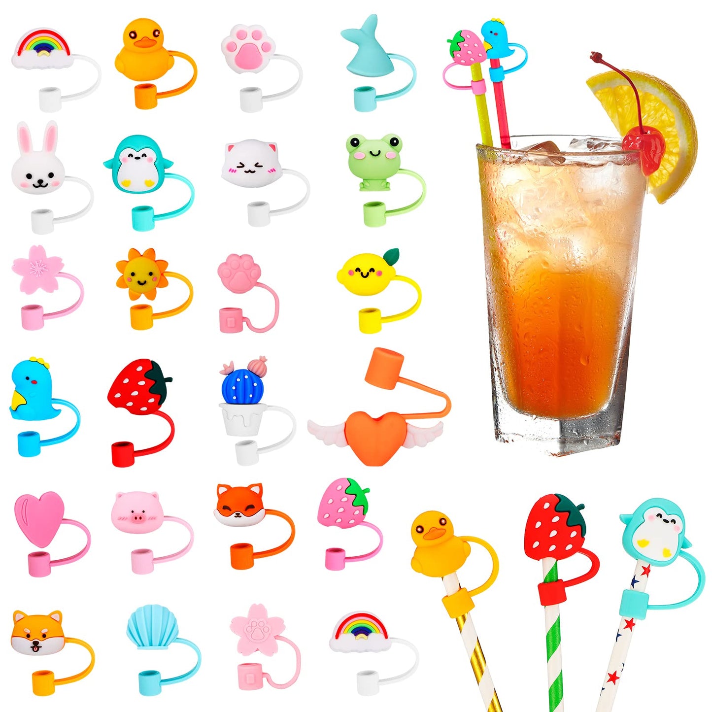 Nuenen 24 Pcs Straw Covers Caps Silicone Reusable Topper Tips Cute Cartoon Lids Splash Proof Plug for 6-8 mm Straws Tumblers Summer Beach Party Favors Home Kitchen Accessories