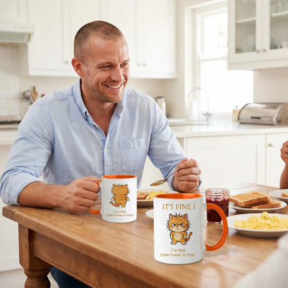 VintCraft Sarcastic Pet Lover Mug - 12oz Ceramic Double-Sided Design, Orange Interior, I'm Fine Everything Is Fine Phrase, Microwave & Dishwasher Safe, Comfort Grip