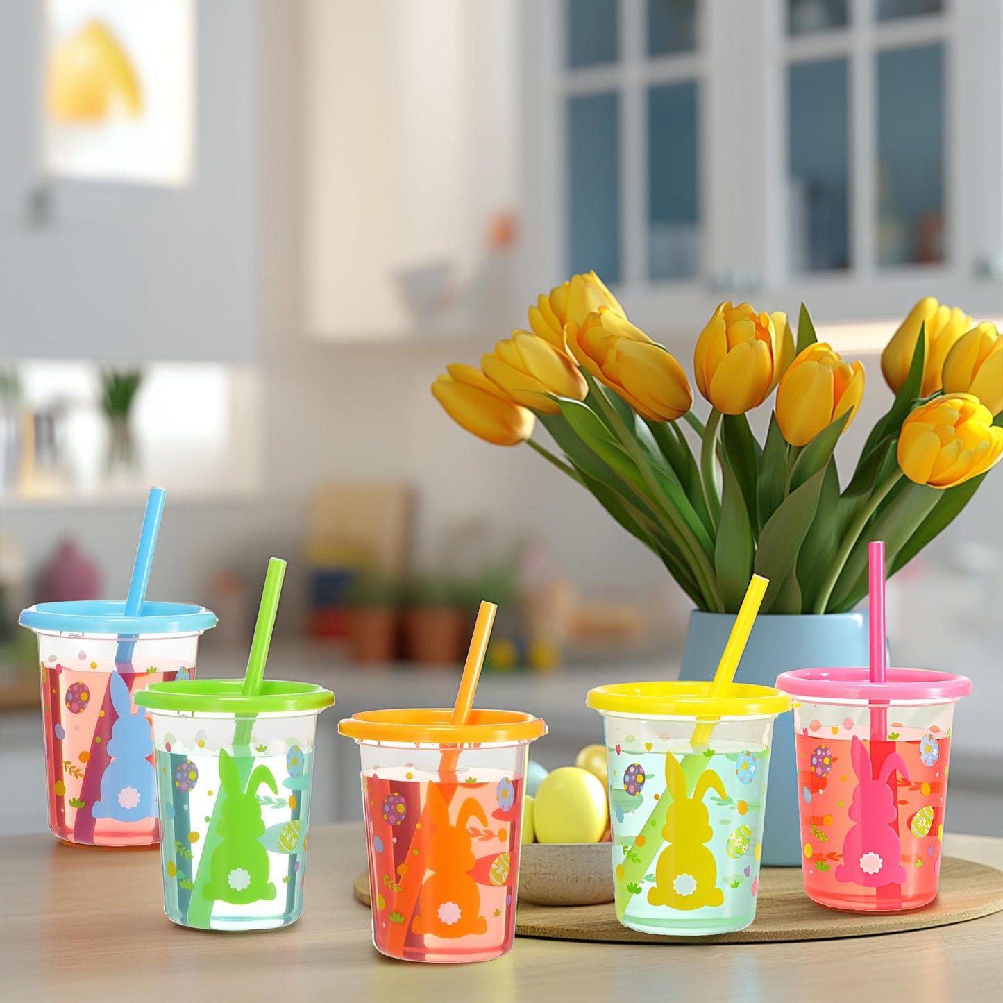 Nuanchu Cute Easter Plastic Cups with Lids and Straws Color Cups Reusable Tumbler with Lid and Straw for Coffee Cold Drinking Travel Parties(Innovative Color,12 Pcs)