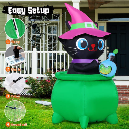 GOOSH 6 FT Halloween Inflatables Cat with Witch Cauldron Decoration Blow Up Yard Decoration with LED Lights Built-in for Holiday Lawn Party Yard Garden