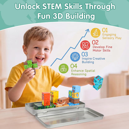 Pocket Cubes Magnetic Blocks & Magnetic Tiles, 35 PCS Voxel Animal Magnetic Building Cubes Set, STEM Construction Toys for Kids Ages 4-8, Mini Travel Toys for Toddlers 3-5, Montessori Sensory Gifts