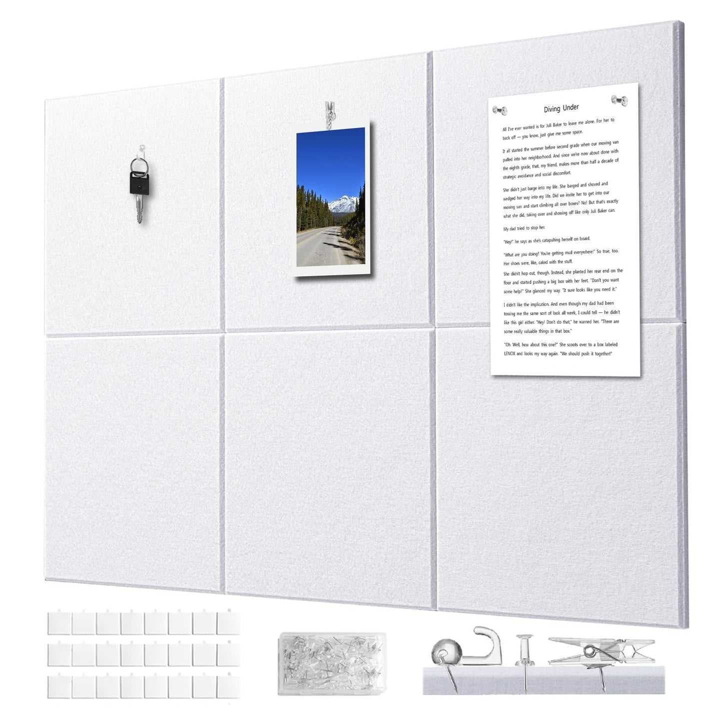G Gamit 0.47" Thick Felt Pin Board 36"x24" Large Cork Board Alternative 6 Pack 11.81"x11.81"Felt Bulletin Board Wall Tiles Notice Board with 30 Pushpins for Home Office School(Fine-White)