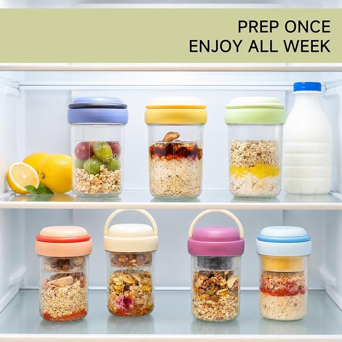 Overnight Oats Containers with Handles & Lids – 16oz Glass Mason Jars with Spoons & Fruit Compartments, Meal Prep Breakfast Jars, 2 Sets (Cream, Pink)