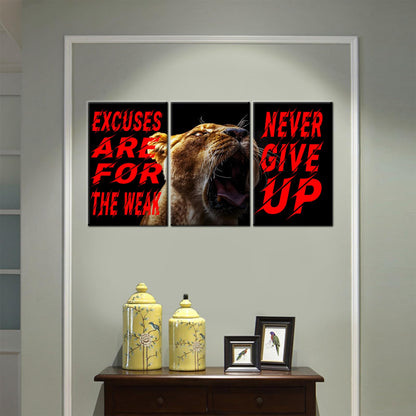 YSPCSUN Triptych Wall Decor Inspirational Posters for Office, Roaring Lion Excuses Quote 3 Panel Canvas Prints for Home Office Dorm Gym Room, 48x24 Inch Display Print Decor