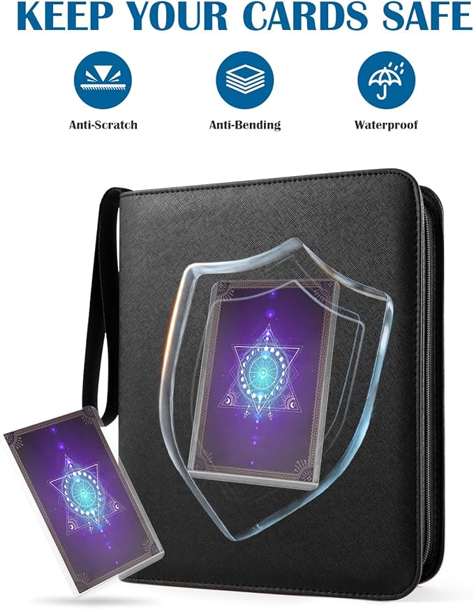 Top Loader Binder 4 Pocket for 144 Toploaders, Side Loading Toploader Binder for 3 x 4'' Rigid Cards with Zipper Closure, PU Leather Ringless 2x2 Card Binder for MTG/TCG/Sports/Games, Black