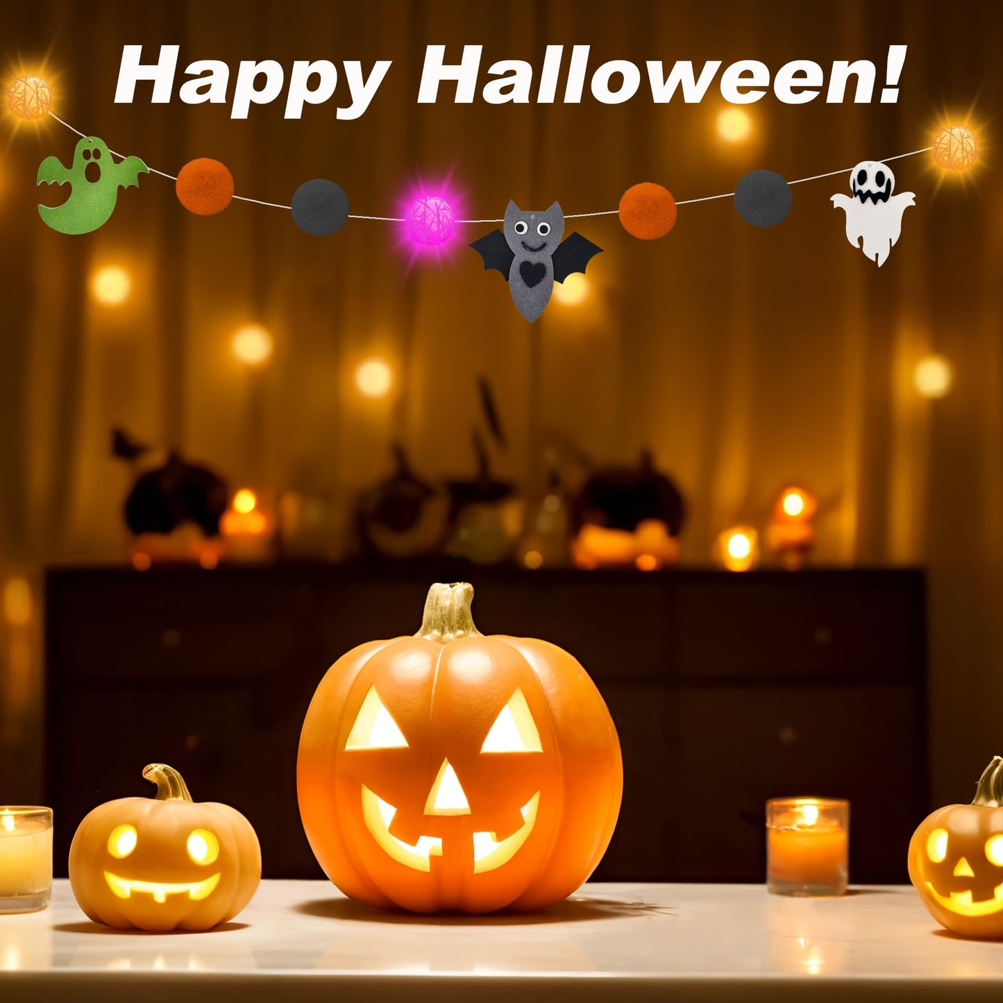 Halloween Decorations Battery USB 10.8Ft Halloween Strip Lights Banner Garland Décor with Felt Bats Ghost Witch Hat Pumpkins Spider Fuzzball Décor for Party Indoor Home Room Wall Fireplace WindowDoor